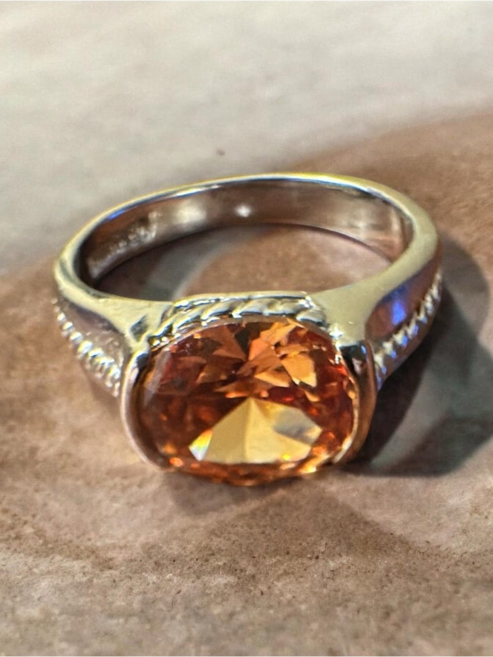 Rhodium plated Orange Citrine-Style Solitaire Ring